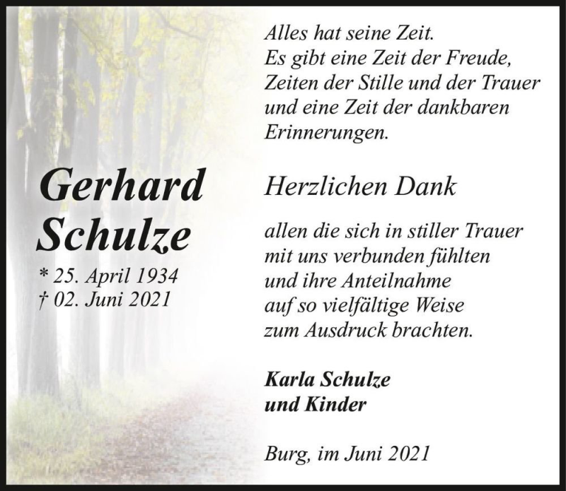  Traueranzeige für Gerhard Schulze  vom 03.07.2021 aus Magdeburger Volksstimme