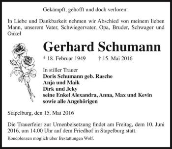 Traueranzeige von Gerhard Schumann  von Magdeburger Volksstimme