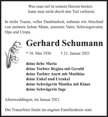 Traueranzeige von Gerhard Schumann  von Magdeburger Volksstimme