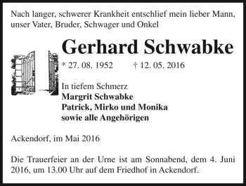 Traueranzeige von Gerhard Schwabke  von Magdeburger Volksstimme