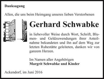 Traueranzeige von Gerhard Schwabke  von Magdeburger Volksstimme