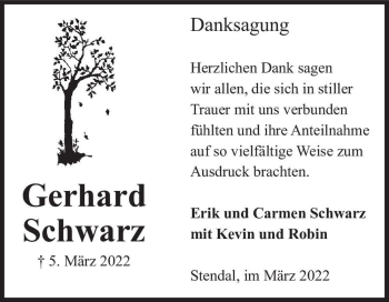 Traueranzeige von Gerhard Schwarz  von Magdeburger Volksstimme