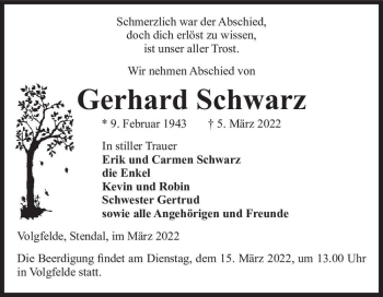 Traueranzeige von Gerhard Schwarz  von Magdeburger Volksstimme
