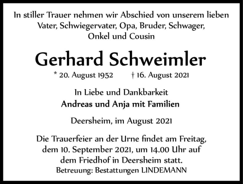 Traueranzeige für Gerhard Schweimler  vom 21.08.2021 aus Magdeburger Volksstimme