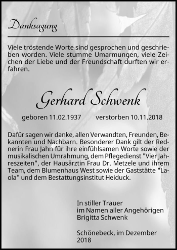 Traueranzeige von Gerhard Schwenk  von Magdeburger Volksstimme
