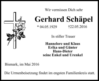 Traueranzeige von Gerhard Schäpel  von Magdeburger Volksstimme