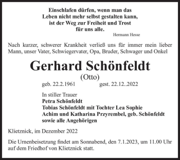 Traueranzeige von Gerhard Schönfeldt (Otto)  von Magdeburger Volksstimme