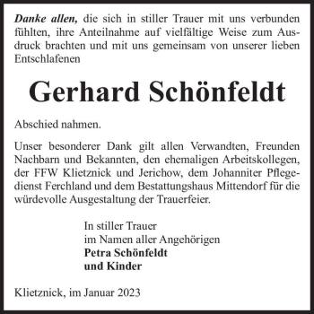 Traueranzeige von Gerhard Schönfeldt  von Magdeburger Volksstimme