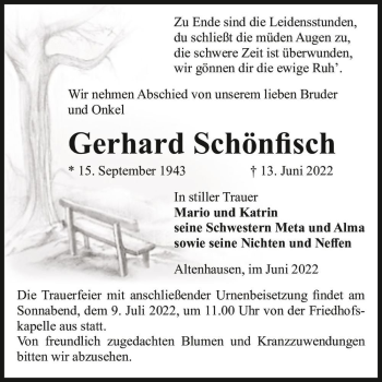 Traueranzeige von Gerhard Schönfisch  von Magdeburger Volksstimme