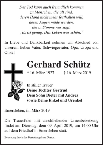 Traueranzeige von Gerhard Schütz  von Magdeburger Volksstimme