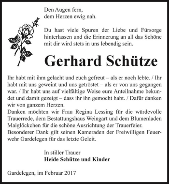 Traueranzeige von Gerhard Schütze  von Magdeburger Volksstimme