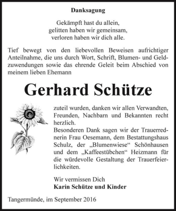 Traueranzeige von Gerhard Schütze  von Magdeburger Volksstimme