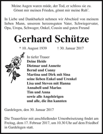 Traueranzeige von Gerhard Schütze  von Magdeburger Volksstimme