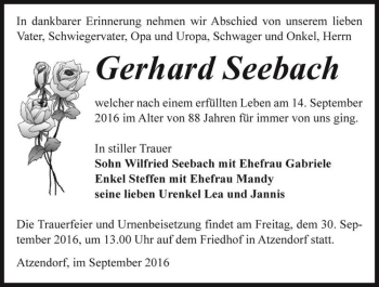 Traueranzeige von Gerhard Seebach  von Magdeburger Volksstimme