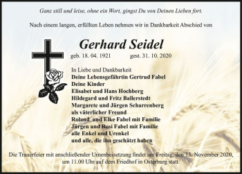 Traueranzeige von Gerhard Seidel  von Magdeburger Volksstimme