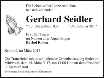 Traueranzeige von Gerhard Seidler  von Magdeburger Volksstimme
