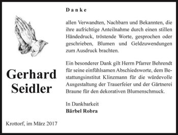 Traueranzeige von Gerhard Seidler  von Magdeburger Volksstimme