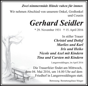 Traueranzeige von Gerhard Seidler  von Magdeburger Volksstimme