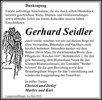 Traueranzeige von Gerhard Seidler  von Magdeburger Volksstimme