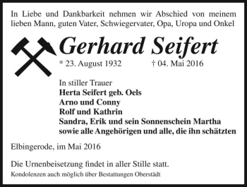 Traueranzeige von Gerhard Seifert  von Magdeburger Volksstimme