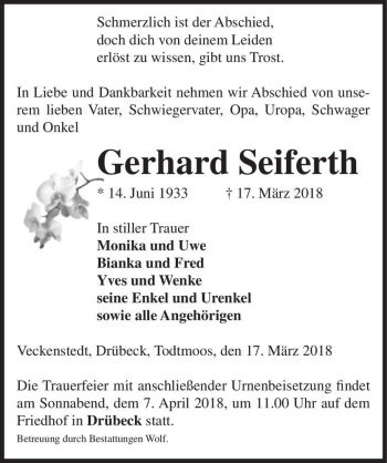 Traueranzeige von Gerhard Seiferth  von Magdeburger Volksstimme