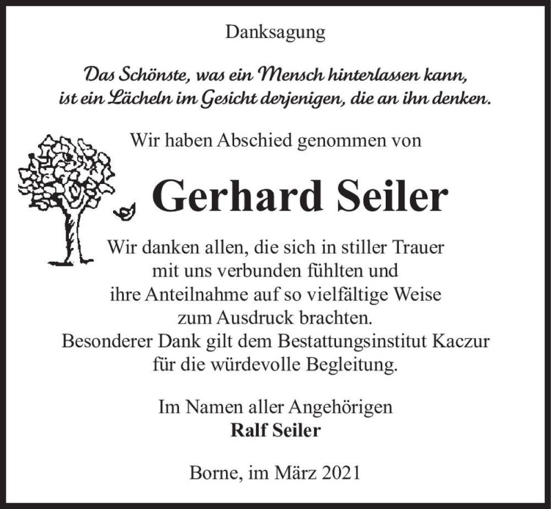  Traueranzeige für Gerhard Seiler  vom 20.03.2021 aus Magdeburger Volksstimme
