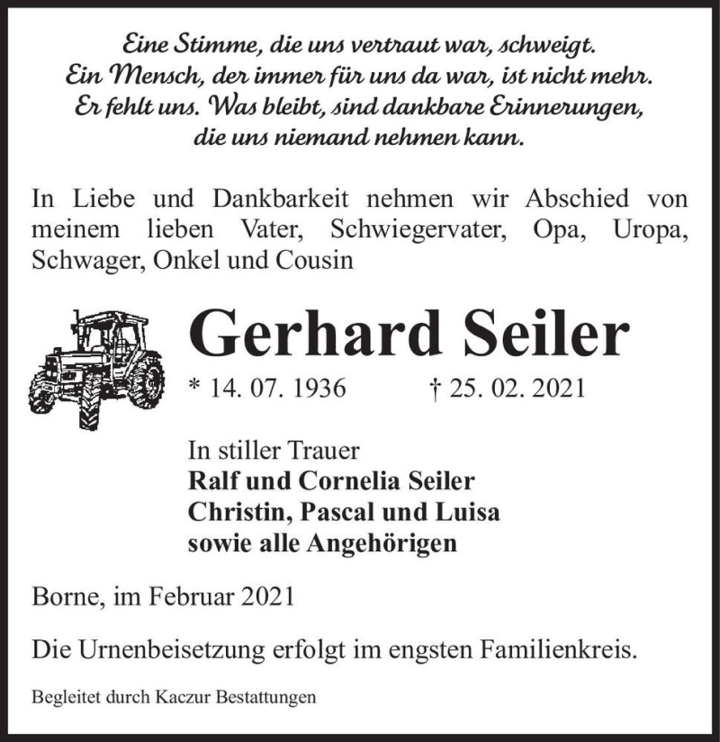  Traueranzeige für Gerhard Seiler  vom 03.03.2021 aus Magdeburger Volksstimme