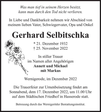 Traueranzeige von Gerhard Selbitschka  von Magdeburger Volksstimme