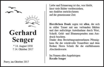 Traueranzeige von Gerhard Senger  von Magdeburger Volksstimme