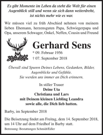 Traueranzeige von Gerhard Sens  von Magdeburger Volksstimme