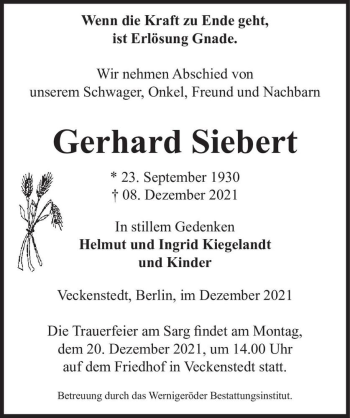 Traueranzeige von Gerhard Siebert  von Magdeburger Volksstimme