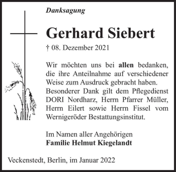 Traueranzeige von Gerhard Siebert  von Magdeburger Volksstimme