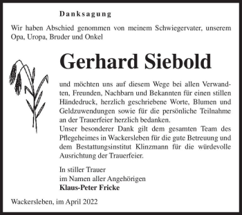Traueranzeige von Gerhard Siebold  von Magdeburger Volksstimme