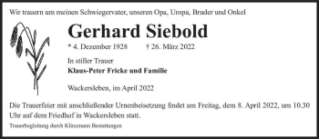 Traueranzeige von Gerhard Siebold  von Magdeburger Volksstimme