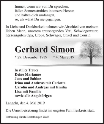 Traueranzeige von Gerhard Simon  von Magdeburger Volksstimme