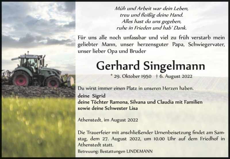  Traueranzeige für Gerhard Singelmann  vom 20.08.2022 aus Magdeburger Volksstimme