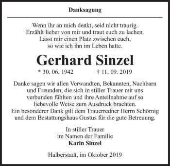 Traueranzeige von Gerhard Sinzel  von Magdeburger Volksstimme
