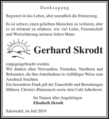 Traueranzeige von Gerhard Skrodt  von Magdeburger Volksstimme