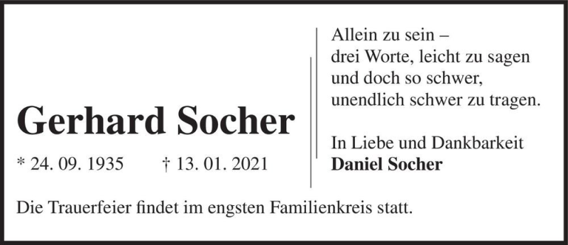  Traueranzeige für Gerhard Socher  vom 16.01.2021 aus Magdeburger Volksstimme