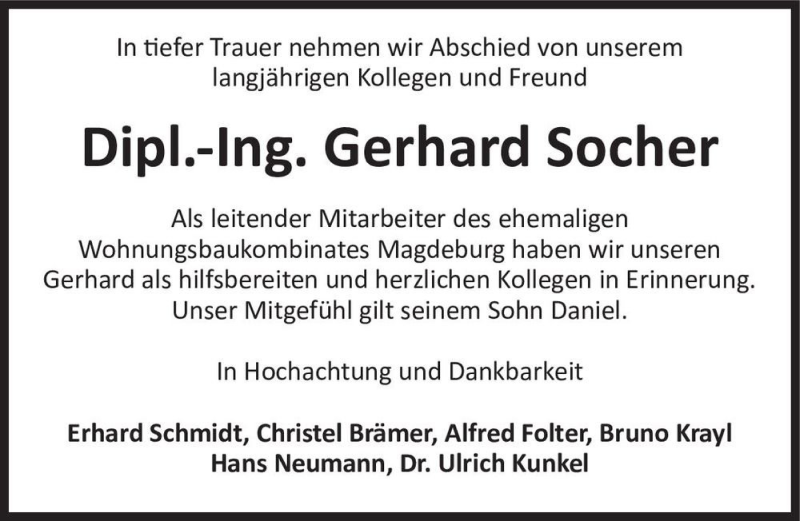  Traueranzeige für Gerhard Socher  vom 21.01.2021 aus Magdeburger Volksstimme