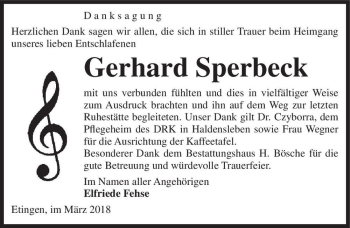 Traueranzeige von Gerhard Sperbeck  von Magdeburger Volksstimme