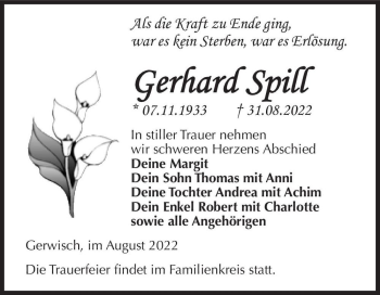 Traueranzeige von Gerhard Spill  von Magdeburger Volksstimme