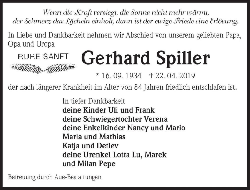  Traueranzeige für Gerhard Spiller  vom 27.04.2019 aus Magdeburger Volksstimme
