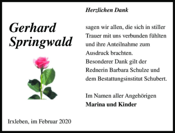 Traueranzeige von Gerhard Springwald  von Magdeburger Volksstimme