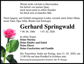 Traueranzeige von Gerhard Springwald  von Magdeburger Volksstimme