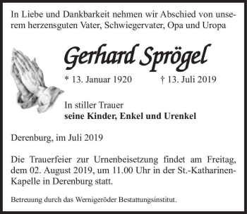 Traueranzeige von Gerhard Sprögel  von Magdeburger Volksstimme