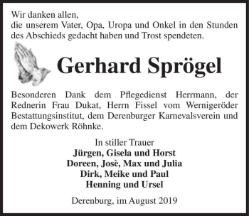 Traueranzeige von Gerhard Sprögel  von Magdeburger Volksstimme