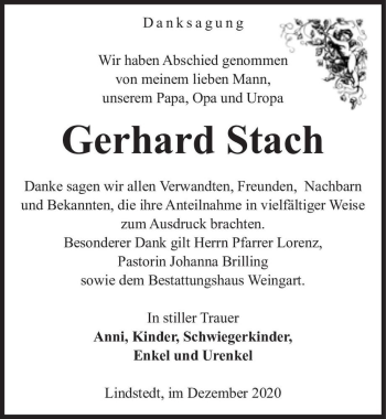 Traueranzeige von Gerhard Stach  von Magdeburger Volksstimme