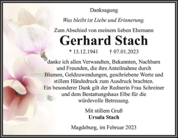 Traueranzeige von Gerhard Stach  von Magdeburger Volksstimme