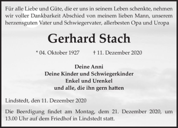 Traueranzeige von Gerhard Stach  von Magdeburger Volksstimme